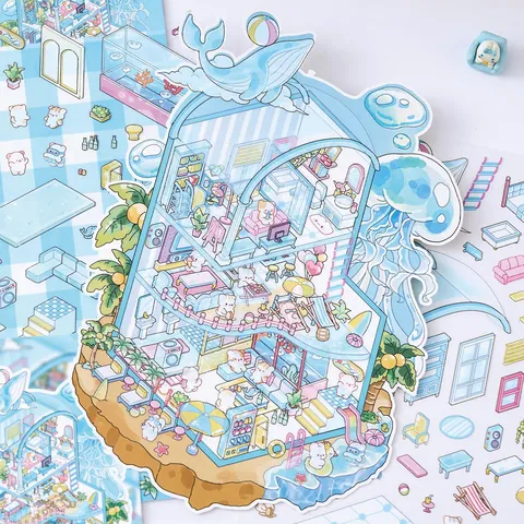 PET 3D Miniature Vacation Sea View House Stickers For DIY Journal Scrapbooking Collage Materials Zaomo Brand Stickers