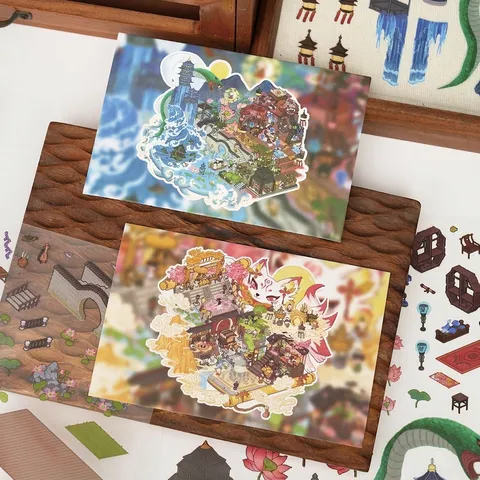 Traditional Chinese Eastern Mythology 3D Diorama Scenery PET Stickers Creative DIY Pixel Art Craft Journaling Scrapbooking Sticker Set For Stress Relief