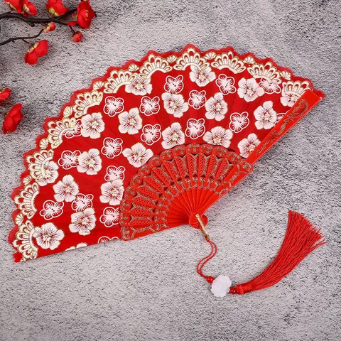 Chinese Style Folding Fan Cherry Blossom Floral Hollow Hand Fan With Tassel Hanfu Qipao Dance Fan