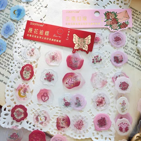 Pegatinas Vintage 3D de Flor de Rosa de Pegamento por Goteo para Manual Serie Rose Sea Pegatinas de PVC Estilo Sello de Cera para DIY