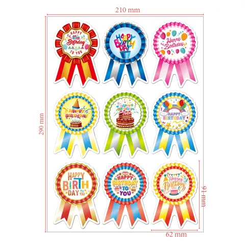 Happy Birthday Badge Stickers Colorful Rosette Ribbon Style Vinyl Waterproof Decorative Labels For Kids Birthday Party Supplies