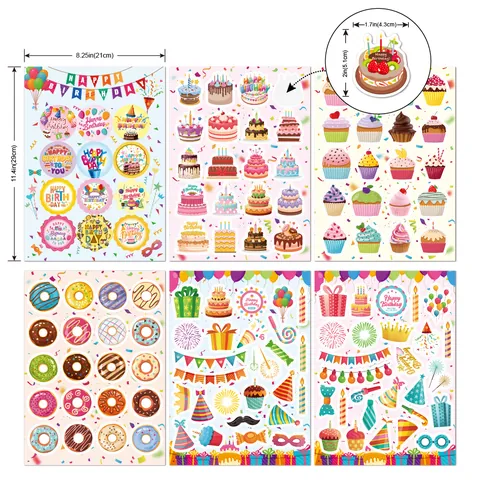 Happy Birthday Party Stickers Waterproof Vinyl Cartoon Cake Donut Balloon Pattern DIY Festive Decoration Stickers For Gift Envelope Party Favor Decoration