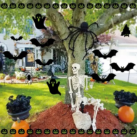 Halloween Bat Outdoor Decoration Set Luminous Green Eyes Black Bat Spiders Ghosts Hanging Ornaments For Yard Tree Wall Party Decor