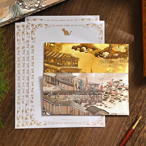 Chinese Style Specialty Paper Stationery Set Along the River During the Qingming Festival Print Envelope Letter Paper With Wax Seal Sticker Wedding Invitation