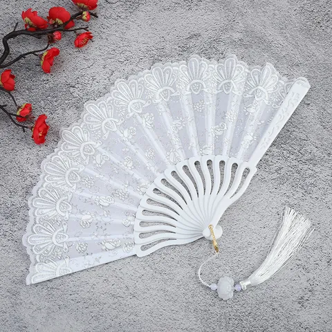 Abanico Plegable Estilo Chino Patrón Floral Rosa Tela Hueso Plástico Hueco Con Borla para Baile Boda Fiesta Decoración Mujer