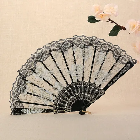 Abanico Plegable Elegante de Encaje Con Estampado de Rosas Tallado Calado Abanico Decorativo Chino Vintage para Mujer Boda Fiesta de Baile