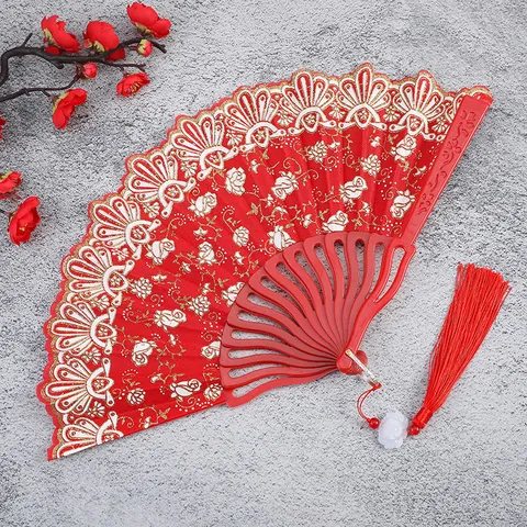 Abanico Plegable Estilo Chino Patrón Floral Rosa Tela Hueso Plástico Hueco Con Borla para Baile Boda Fiesta Decoración Mujer