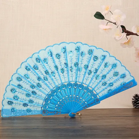Abanico Plegable Bordado con Lentejuelas de Estilo Chino Tradicional Hueso de Plástico Abanico de Mano Para Actuación de Danza Fiesta Boda Hogar Mujer Elegante