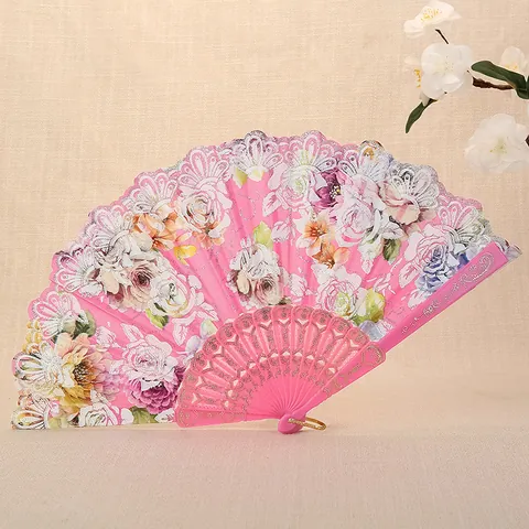 Chinese Style Rose Floral Folding Fan Lace Fabric Bamboo Hand Fan For Women Dancing Performance Wedding Party Gift