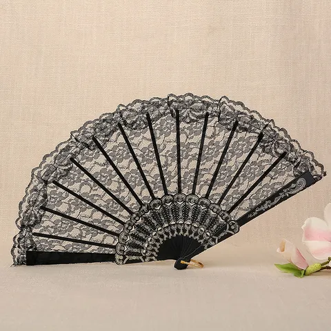 Abanico Plegable de Encaje Vintage Varillas de Plástico Patrón Floral Abanico Decorativo para Boda Danza Actuación Accesorio para Mujer