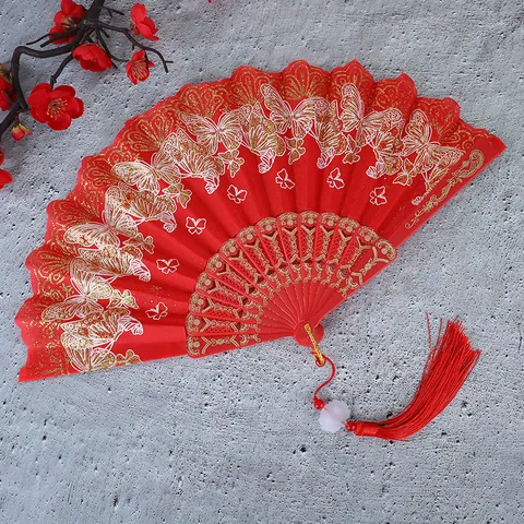 Abanico Plegable Vintage Estilo Chino Con Mariposa y Borla Abanico de Mano para Baile Fiesta Regalo Decoración Hogar