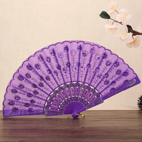 Abanico Plegable Bordado con Lentejuelas de Estilo Chino Tradicional Hueso de Plástico Abanico de Mano Para Actuación de Danza Fiesta Boda Hogar Mujer Elegante