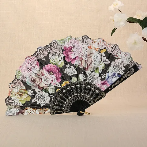 Chinese Style Rose Floral Folding Fan Lace Fabric Bamboo Hand Fan For Women Dancing Performance Wedding Party Gift