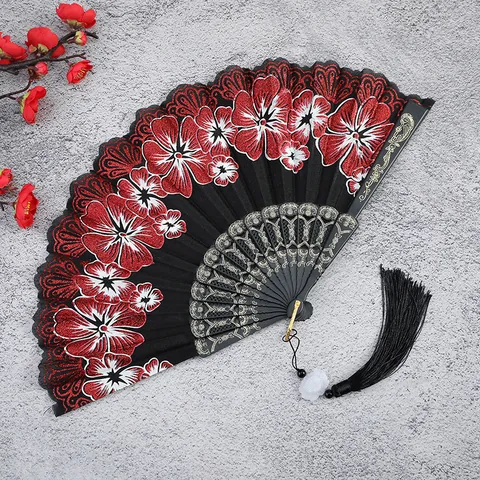Abanico Plegable de Encaje Chino Vintage Con Marco de Plástico Dorado Elegante Tela de Flor de Rosa Abanico de Mano para Mujeres Fotografía de Calle Fiesta de Baile