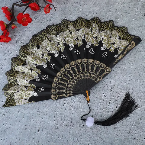 Abanico Plegable Vintage Estilo Chino Con Mariposa y Borla Abanico de Mano para Baile Fiesta Regalo Decoración Hogar