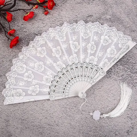 Chinese Style Folding Fan Cherry Blossom Floral Hollow Hand Fan With Tassel Hanfu Qipao Dance Fan