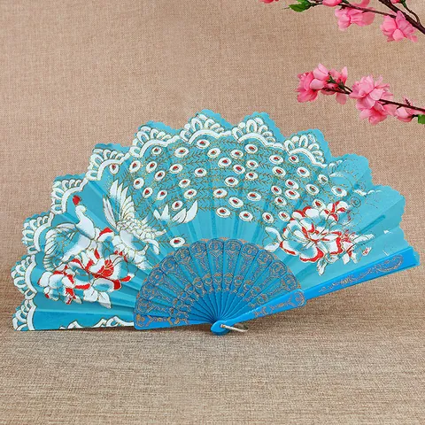 Chinese Style Peacock Folding Fan For Women Elegant Lace Gold Stamping Satin Hand Fan For Dance Party Wedding Gift Vintage