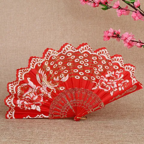 Chinese Style Peacock Folding Fan For Women Elegant Lace Gold Stamping Satin Hand Fan For Dance Party Wedding Gift Vintage