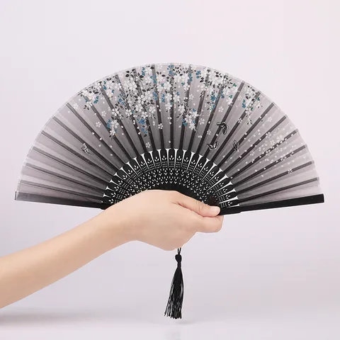 Chinese Style Folding Hand Fan Vintage Floral Printed Bamboo Fan With Tassel Dance Party Women Decorative Fan