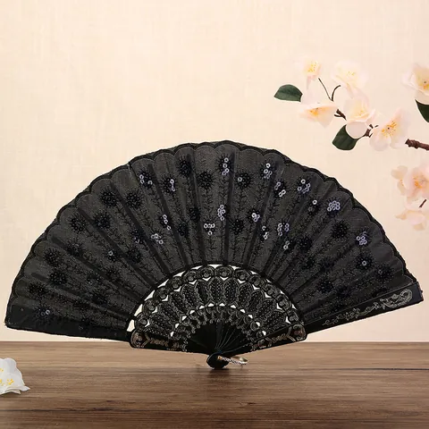 Elegante Abanico Chino Vintage de Malla de Plástico Bordado Lentejuelas Abanico Plegable Clásico para Mujer para Actuación de Baile Decoración del Hogar