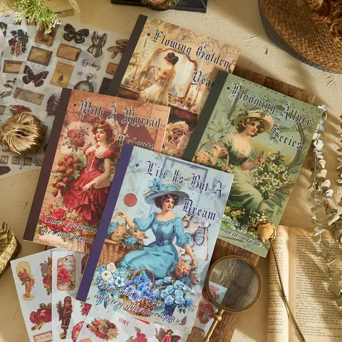 Vintage Washi Aufkleberbuch Künstlerische Blumen Schmetterling Porträt Scrapbooking Materialien Für DIY Dekorative Journaling Aufkleber