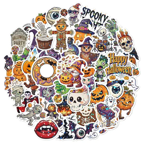 Holografische Sternenfilm Halloween Aufkleber Cartoon Kürbis Geist Schädel Wasserdichte Vinyl Aufkleber Für Kinder DIY Deko