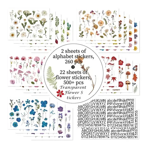 Lot de 24 Feuilles Autocollants Fleurs en PET Étanches Transparents Décalcomanies Botaniques pour Scrapbooking DIY Journal Papeterie