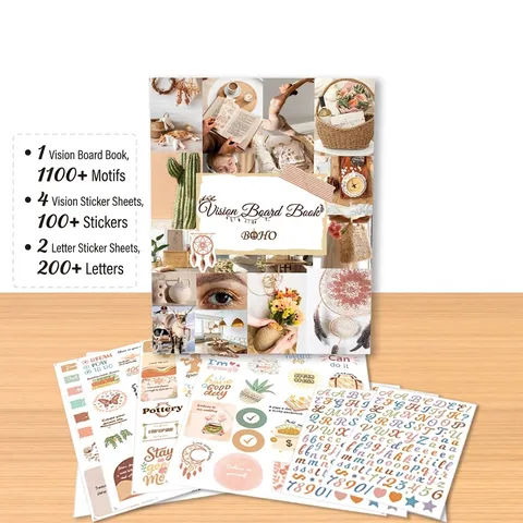 Vision Board Book Kit BOHO Style DIY Scrapbook Art Paper Motivational Quotes Pictures Journal Supplies Women Goal Setting Notebook