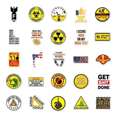 50Pcs Industrial Warning Graffiti Stickers Waterproof PVC Helmet Decals Funny Caution Slogans For Motorcycle Toolbox Hard Hat