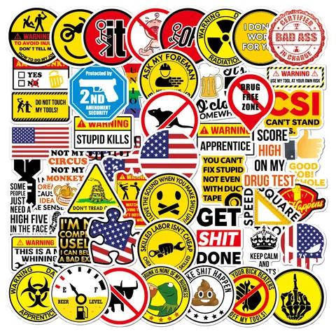 50Pcs Industrial Warning Graffiti Stickers Waterproof PVC Helmet Decals Funny Caution Slogans For Motorcycle Toolbox Hard Hat