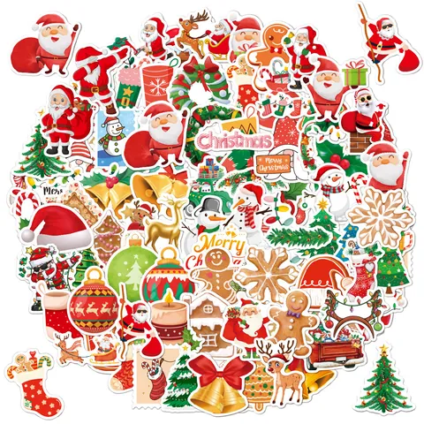 Holographische Weihnachtsaufkleber Wasserdicht Laser Vinyl Cartoon Weihnachtsmann Schneemann Dekore Für Kinder DIY Geschenk Party Deko