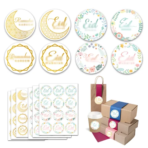 Eid Mubarak Ramadan Moon Gold Foil Sealing Stickers Floral Round Label Tags For Gift Box Envelope Greeting Card Decor Party Favors