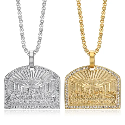 Hip Hop Stainless Steel The Last Supper Pendant Necklace Gold Plated Rhinestone Religious Relief Jewelry Medallion Necklace For Men Women