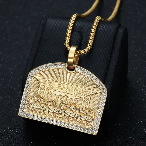 Hip Hop Stainless Steel The Last Supper Pendant Necklace Gold Plated Rhinestone Religious Relief Jewelry Medallion Necklace For Men Women