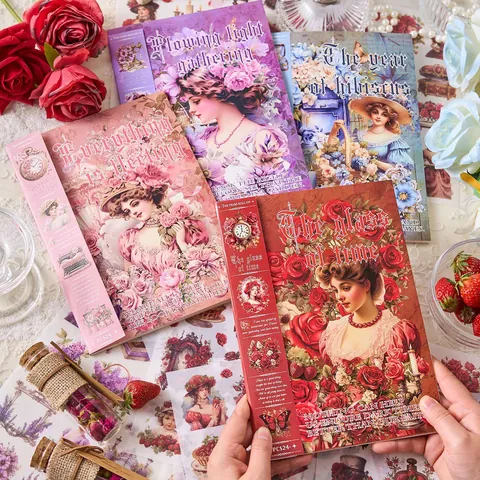 Vintage Girl Washi Paper PET Sticker Book 24 Sheets Retro Victorian Portrait Floral DIY Journal Scrapbook Decorative Decals