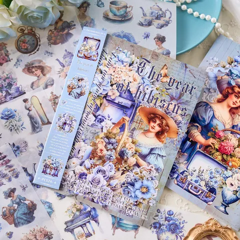 Vintage Girl Washi Paper PET Sticker Book 24 Sheets Retro Victorian Portrait Floral DIY Journal Scrapbook Decorative Decals