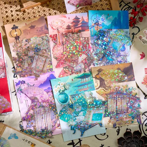 Vintage Chinese Stijl Laser Schelp Licht PET Stickers Pack Huafang Youguo Serie Bloemen Architectuur Scrapbook Decoratief Materiaal Sticker Voor DIY Journal Stationery