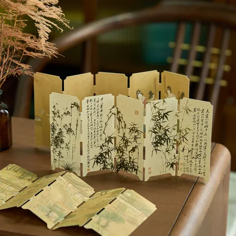 Chinese Style Folding Screen Paper Bookmark Set Ink Bamboo Landscape Painting Calligraphy Design For Students Reading