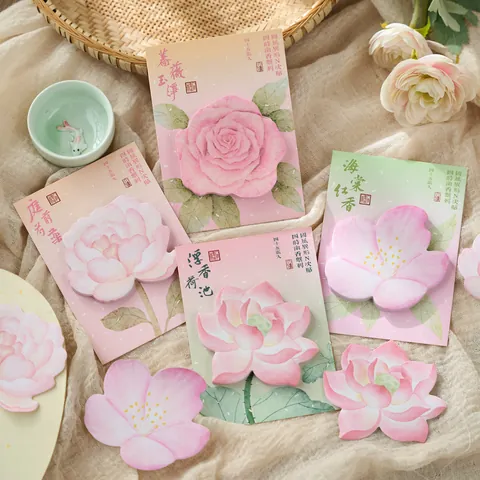 Chinese Style Floral Shaped Sticky Notes Watercolor Flower Die-Cut Memo Pads Retro Self-Adhesive Notepad For Student School Office Stationery