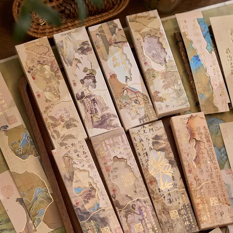 Klassische Chinesische Lesezeichen Aus Papier Mit Goldfolienprägung Traditionelle Landschaftsillustration Kalligraphie Elegante Lesezeichen Für Das Lesen