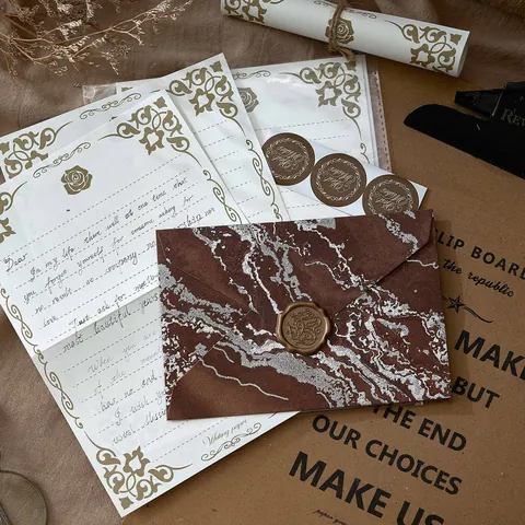 Vintage Chinese Style Gilding Embossed Envelope Letter Paper Set Marble Pattern Writing Paper Wax Seal Stamp Invitations Supplies Stationery