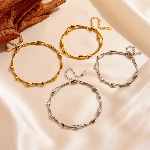 Double Layer Stainless Steel Snake Chain Anklet Bracelet For Women Gold Silver Plated Bead Cube Charm Jewelry Non-Fading