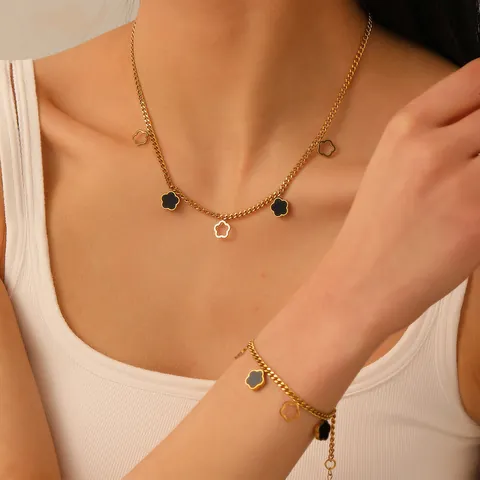 Vintage Roestvrij Stalen Schelp Sieradenset Bloem Ronde Hanger Ketting Armband Voor Vrouwen 18K Vergulde Luxe Sieraden