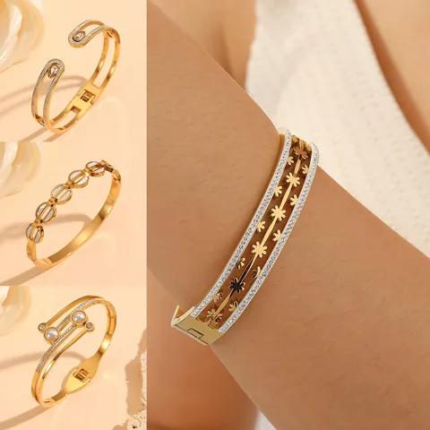 Minimalistische Roestvrijstalen Geometrische Armring Voor Dames Vergulde Strass Bloem Bedel Holle Polsband Modespeld Sieraden Cadeau