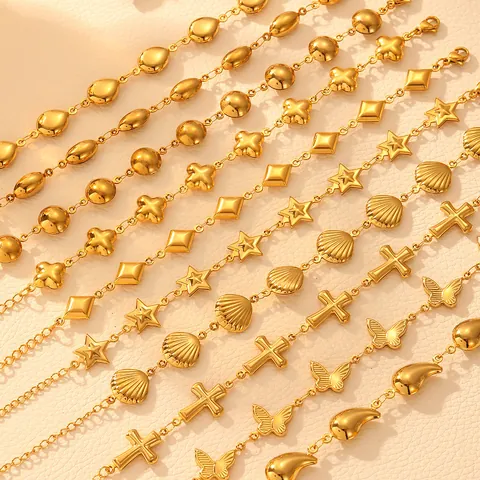Minimalistische Titaniumstaal Geometrische Schakelarmband Voor Dames Goud Verguld Klaver Vlinder Ster Schelp Kruis Hanger Verstelbare Sieraden