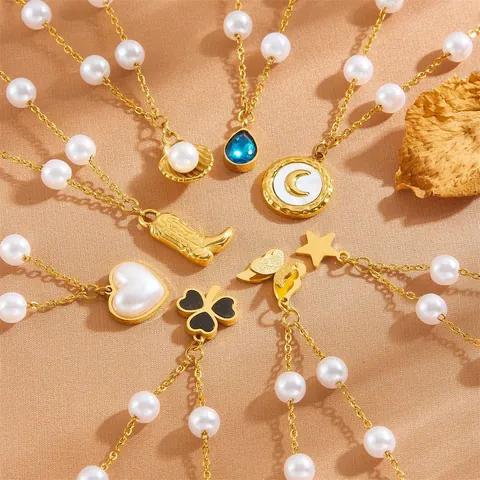Mode Roestvrij Staal Verguld Kunstparel Charm Armband Voor Dames Elegant Hart Klaver Ster Maan Strik Laars Hanger Verstelbare Ketting Hand Sieraden Cadeau