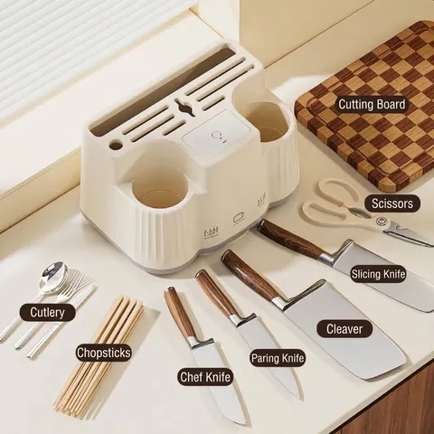 Multi-Functional Integrated Kitchen Knife Holder PP Plastic Storage Rack With Draining Tray Countertop Organizer For Knives Cutting Board