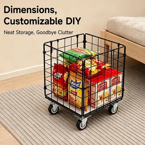 DIY Iron Grid Storage Basket Rolling Cart With Wheels Multipurpose Wire Storage Bin For Kitchen Bedroom Bathroom Home Organization Metal Basket