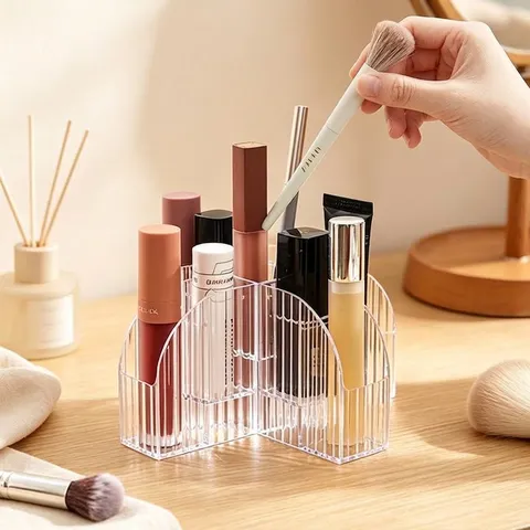 Transparent PS Lipstick Storage Box Multi Compartment Desktop Cosmetic Organizer Makeup Brush Holder Vanity Display Case