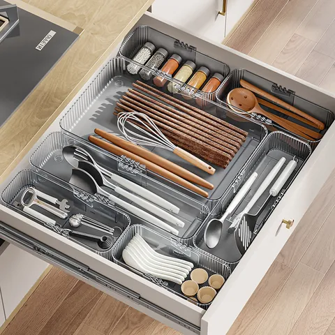 Organizador de Cajones Extensible Caja de Almacenamiento de PET Transparente Divisor Ajustable para Cocina Baño Maquillaje Oficina Cubiertos